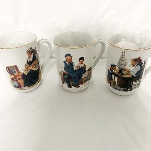 VINTAGE SET Of 3 Norman Rockwell Museum Coffee Mugs Cups White Gold Trim JAPAN